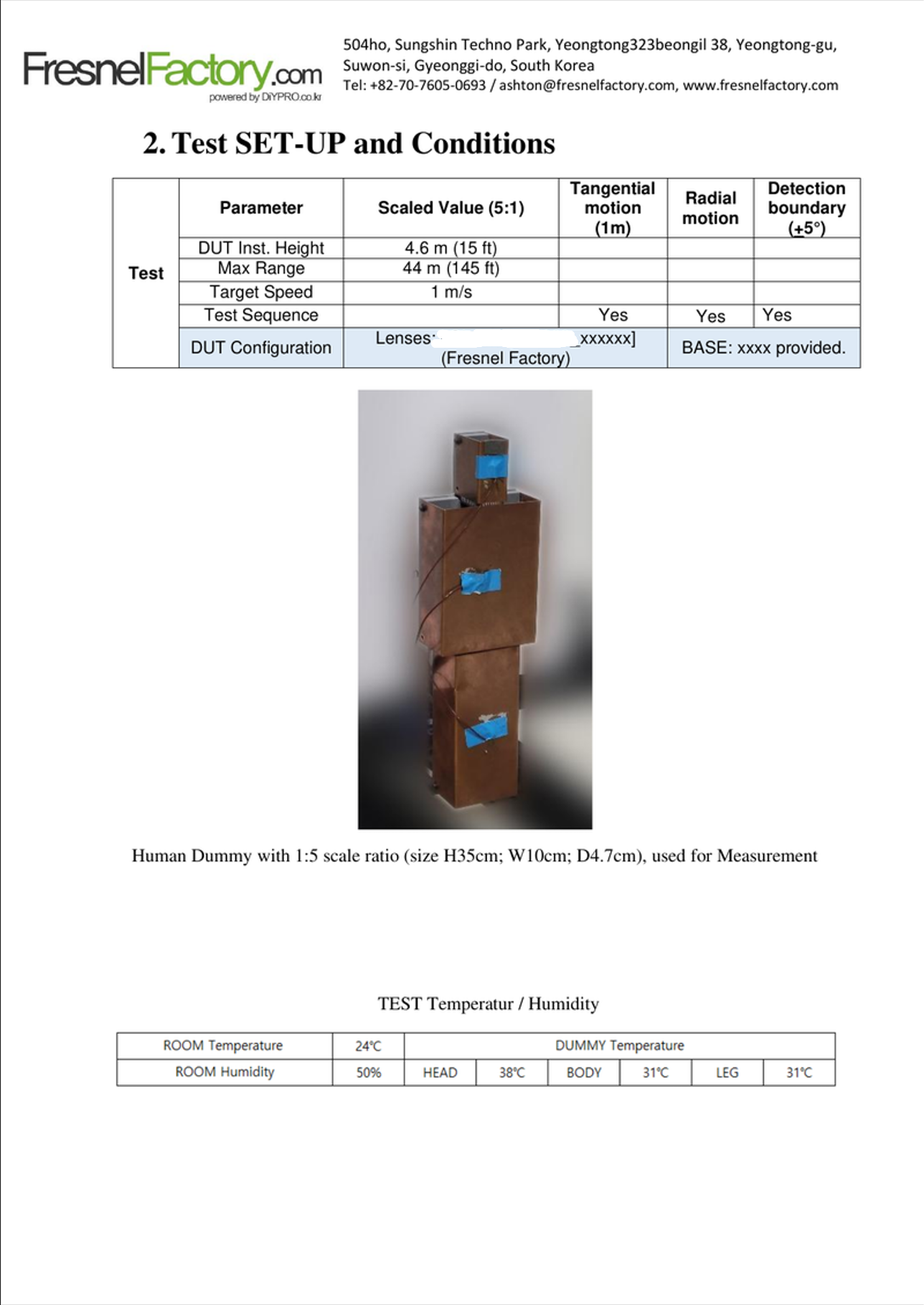 Page from a Fresnel Factory IEC 63180 test report showing the device under test description, test procedure and test conditions.
